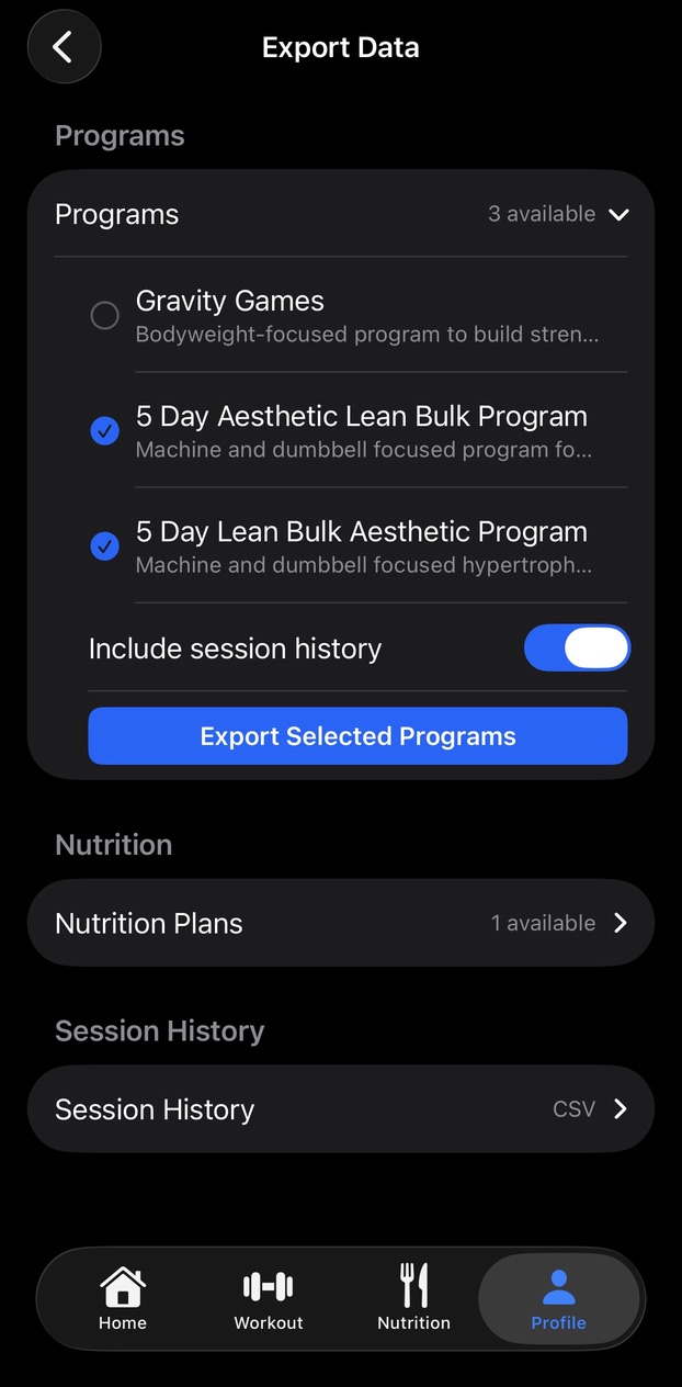 Export data screen